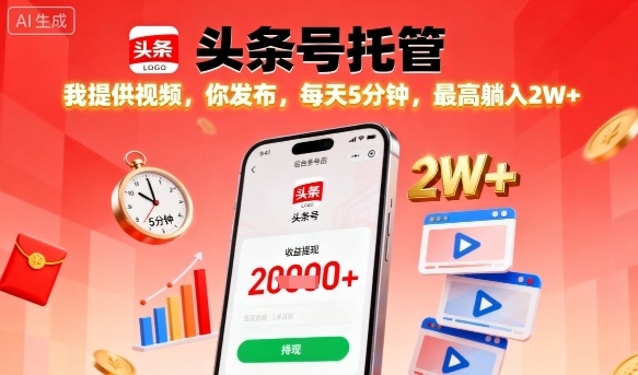 【头条号托管】我提供视频，你发布，每天5分钟，最高躺入2W+【揭秘】-网创资源站