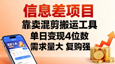 信息差项目，靠卖混剪搬运工具，单日变现4位数，需求量大，复购强，操作简单，几分钟一条视频-网创资源站