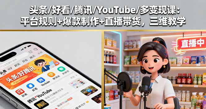 头条/好看/腾讯/YouTube/多变现课：平台规则+爆款制作+直播带货，三维教学-网创资源站