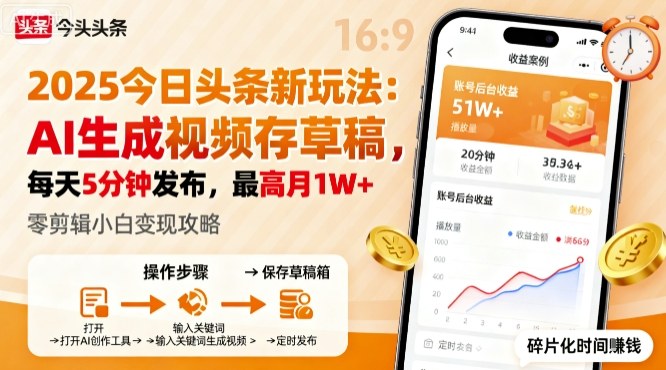 2025年今日头条躺賺新玩法，AI生成视频存草稿，每天5分钟发布，最高月1W+【揭秘】-网创资源站