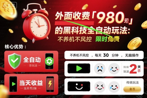 外面收费980的黑科技全自动玩法，不养机不风控，每天30分钟，无脑操作，当天收益2张【揭秘】-网创资源站