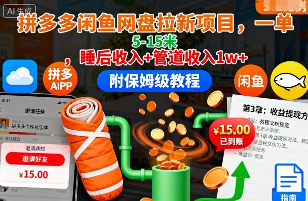 拼多多闲鱼网盘拉新项目，一单5-15米，睡后收入+管道收入1w+(附保姆级教程)-网创资源站