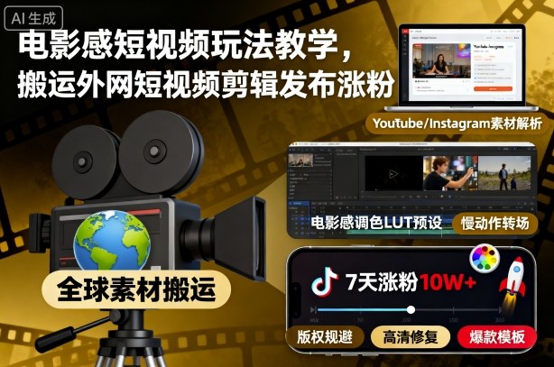 电影感短视频玩法教学，搬运外网短视频剪辑发布涨粉-网创资源站