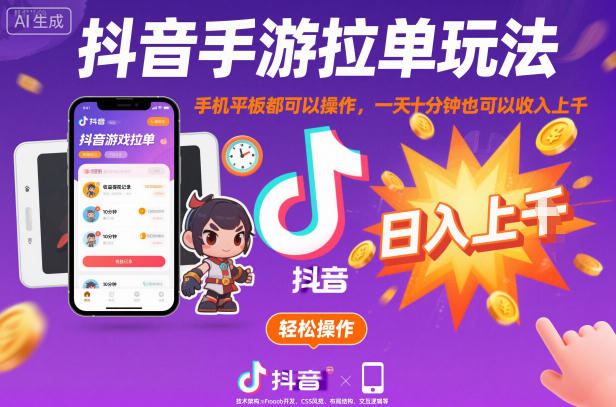 抖音手游拉单玩法，手机平板都可以操作，一天十分钟也可以收入上K【揭秘】-网创资源站