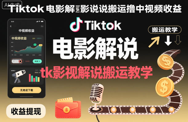 Tiktok电影解说搬运撸中视频收益，tk影视解说搬运教学-网创资源站