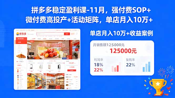 拼多多稳定盈利课-11月，强付费SOP+微付费高投产+活动矩阵，单店月入10w+-网创资源站