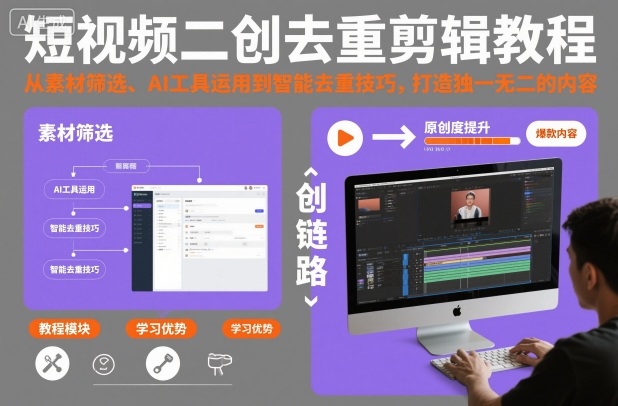 短视频二创去重剪辑教程，从素材筛选、AI工具运用到智能去重技巧，打造独一无二的内容-网创资源站
