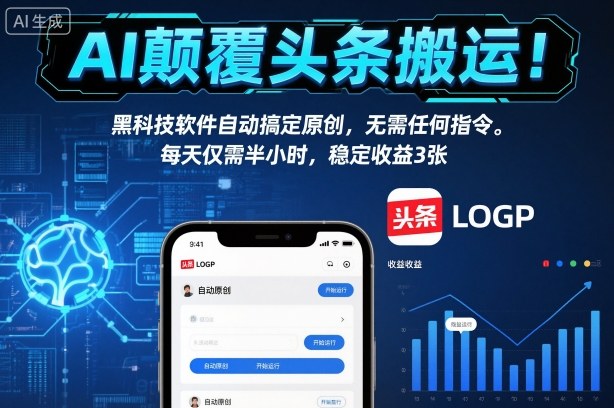 AI颠覆头条搬运！黑科技软件自动搞定原创，无需任何指令。每天仅需半小时，稳定收益3张【揭秘】-网创资源站