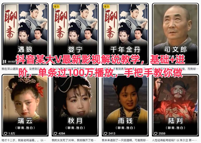 抖音某大V最新影视解说教学，基础+进阶，单条过100万播放，手把手教你做-网创资源站