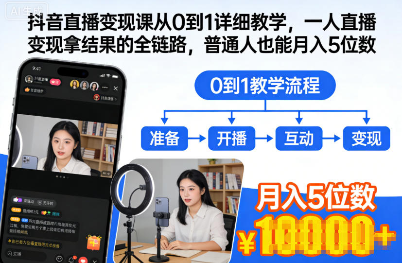 抖音直播变现课从0到1详细教学，一人直播变现拿结果的全链路，普通人也能月入5位数-网创资源站