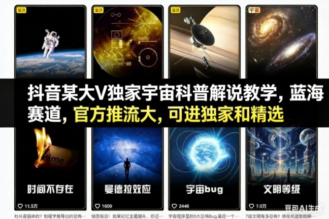 抖音某大V独家宇宙科普解说教学，蓝海赛道，官方推流大，可进独家和精选-网创资源站