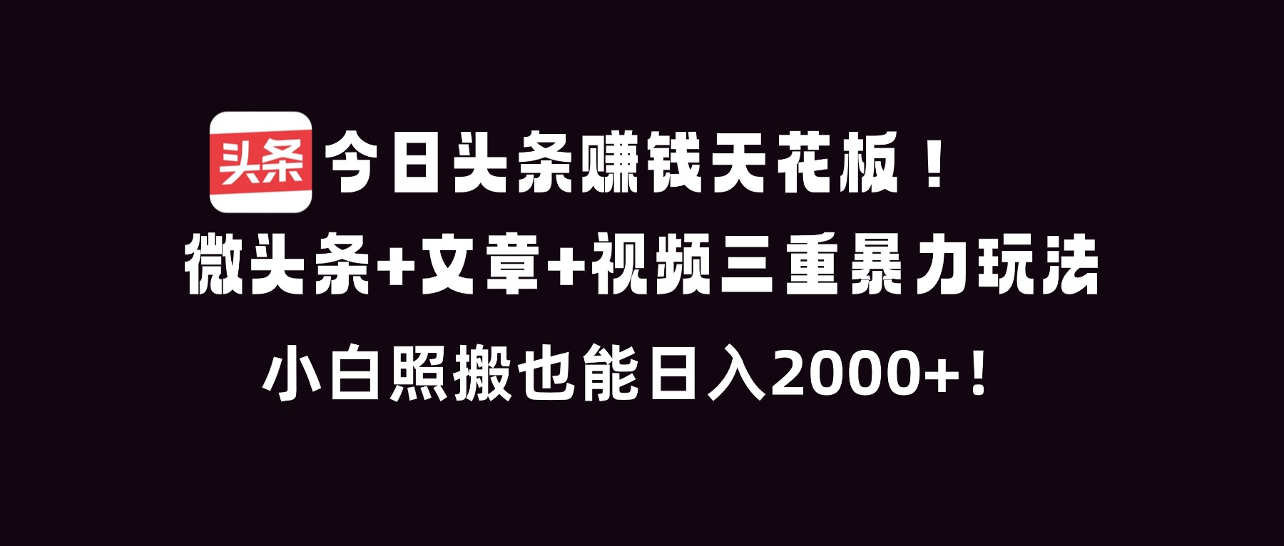 今日头条赚钱天花板！微头条+文章+视频三重暴利玩法，小白照搬也能日人2000+-网创资源站
