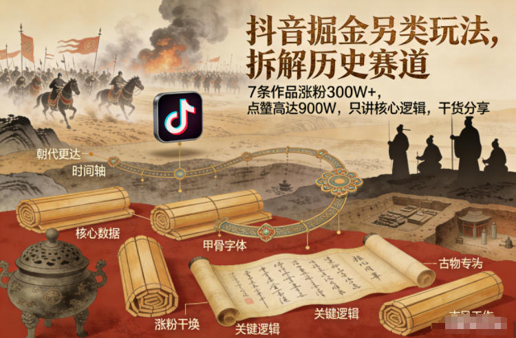 抖音掘金另类玩法，拆解历史赛道，7条作品涨粉300W+，点赞量高达900W，只讲核心逻辑，干货分享-网创资源站