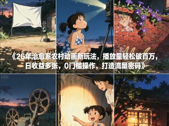 26年治愈系农村动画新玩法，播放量轻松破百万，日收益多张，0门槛操作，打造流量密码-网创资源站