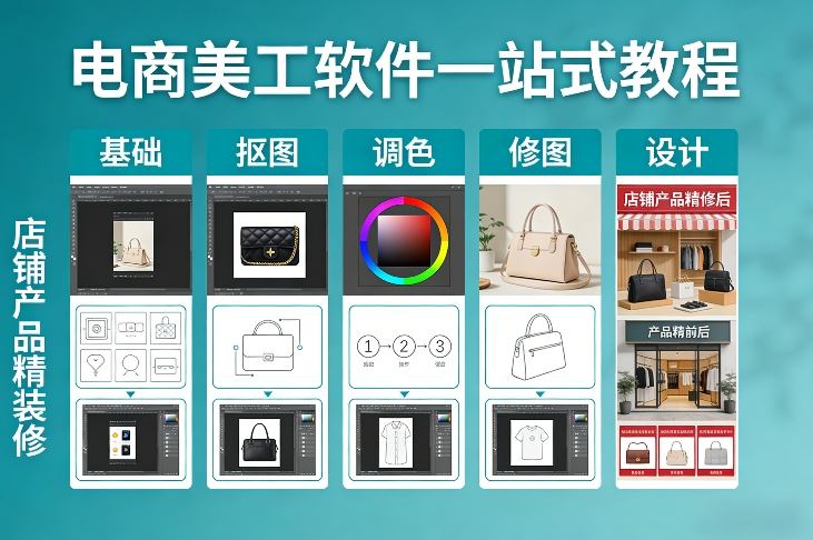 电商美工软件一站式教程，基础/抠图/调色/修图/设计，店铺产品精装修-网创资源站