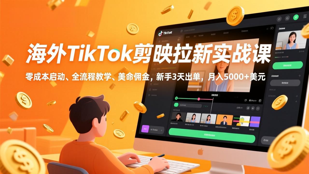 海外TikTok剪映拉新实战课，零成本启动、全流程教学、美金佣金，新手3天出单，月入5000+美元-网创资源站