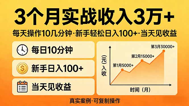 3个月实战收入3万+，每天操作10几分钟，新手轻松日入100+，当天见收益-网创资源站