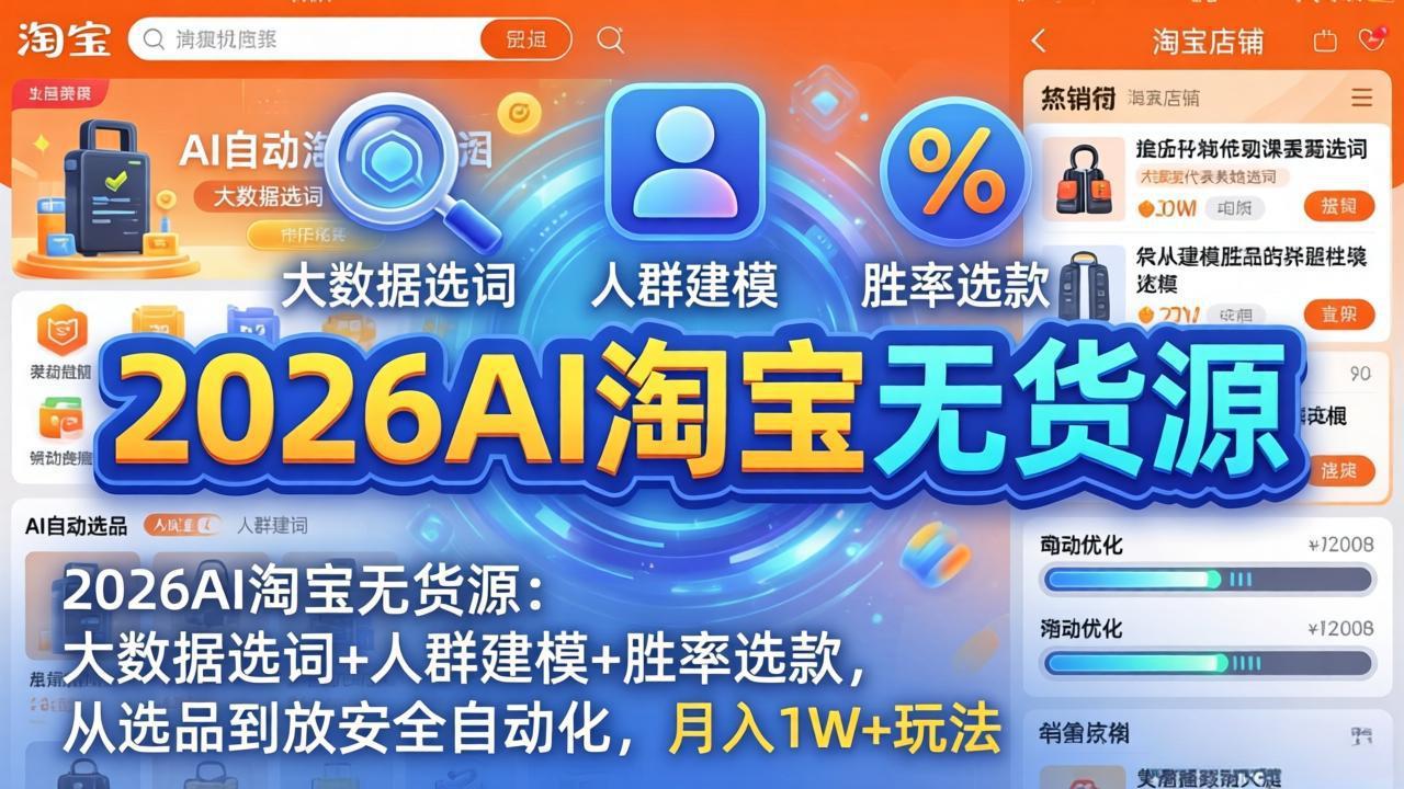 2026AI淘宝无货源：大数据选词+人群建模+胜率选款，从选品到放大全自动化，月入1W+玩法-网创资源站