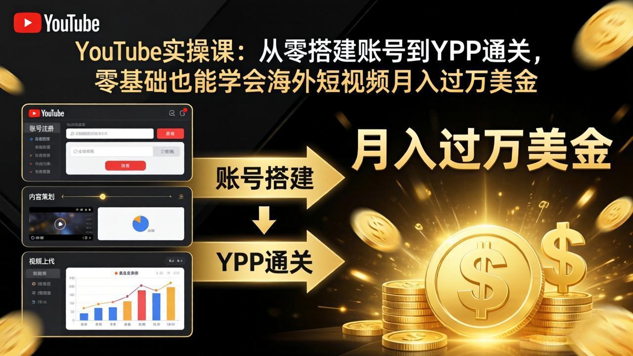 YouTube实操课：从零搭建账号到YPP通关，零基础也能学会海外短视频月入过万美金-网创资源站