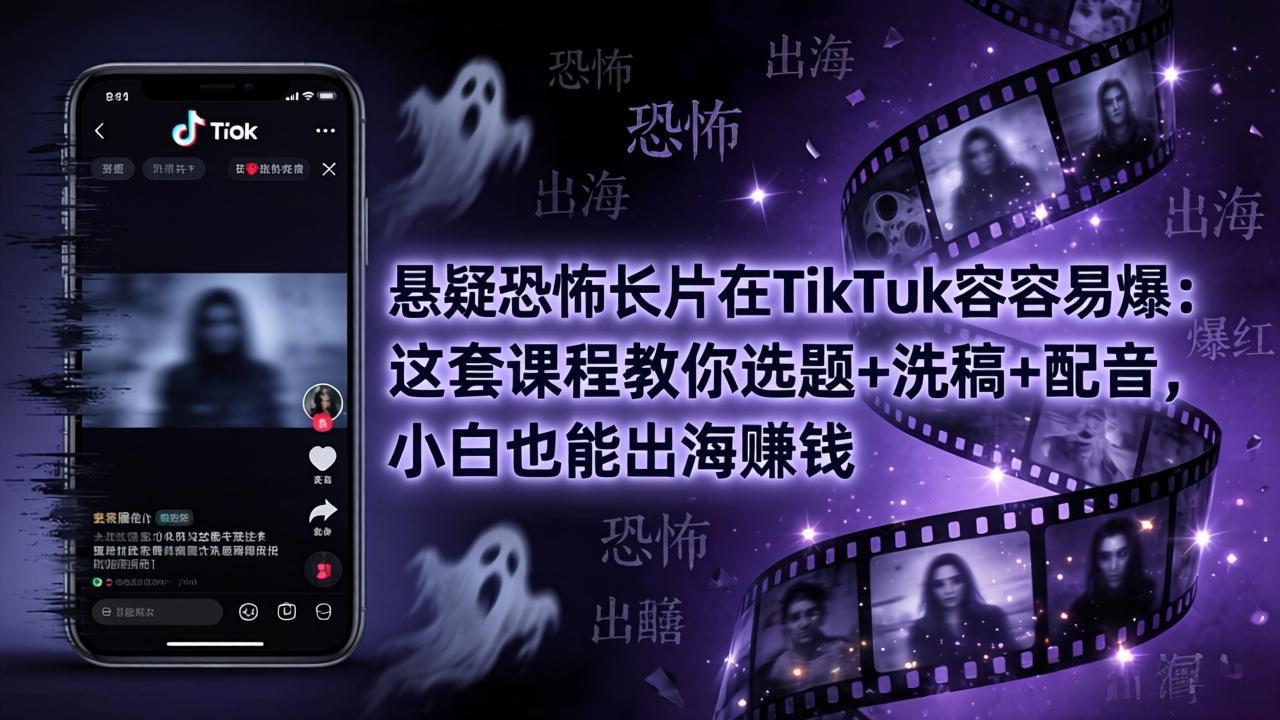 悬疑恐怖长片在TikTok最容易爆：这套课程教你选题+洗稿+配音，小白也能出海赚钱-网创资源站