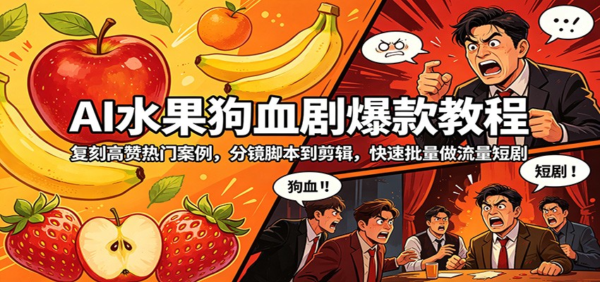 AI水果狗血剧爆款教程：复刻高赞热门案例，分镜脚本到剪辑，快速批量做流量短剧-网创资源站