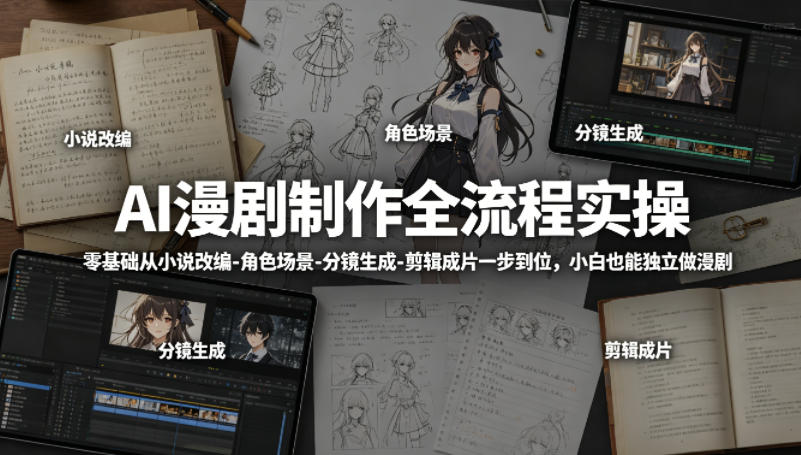AI漫剧制作全流程实操，零基础从小说改编-角色场景-分镜生成-剪辑成片一步到位，小白也能独立做漫剧-网创资源站