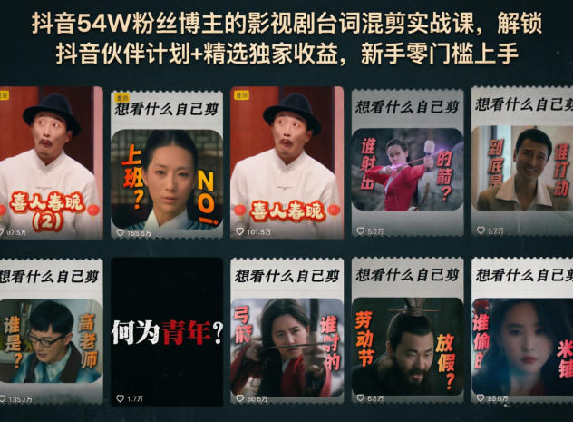 抖音54W粉丝博主的影视剧台词混剪实战课，解锁抖音伙伴计划+精选独家收益，新手零门槛上手-网创资源站
