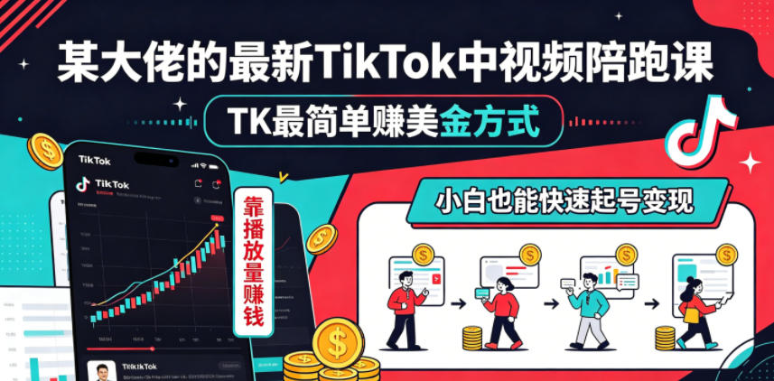某大佬的最新TikTok中视频陪跑课，TK最简单賺美金方式，靠播放量賺钱，小白也能快速起号变现-网创资源站
