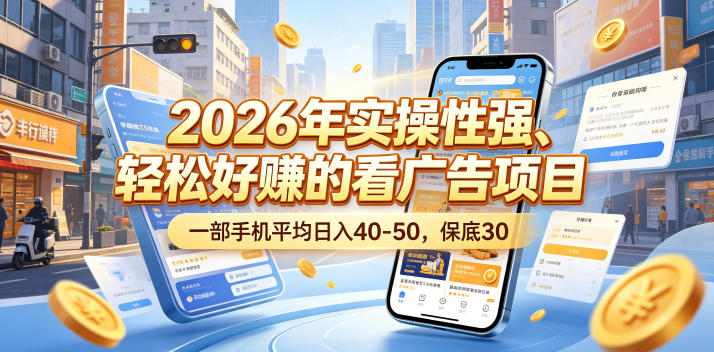 2026年实操性强、轻松好賺的看广告项目，一部手机平均日入40-50，保底30米【揭秘】-网创资源站