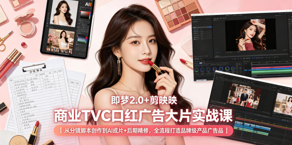 即梦2.0+剪映商业TVC口红广告大片实战课｜从分镜脚本创作到AI成片+后期精修，全流程打造品牌级产品广告-网创资源站