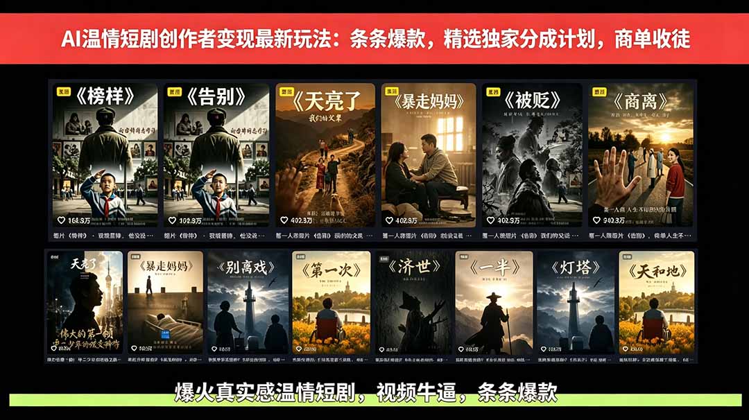 AI温情短剧创作者变现最新玩法：视频牛逼，条条爆款，精选独家分成计划，商单收徒-网创资源站