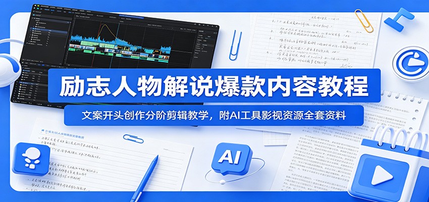 励志人物解说爆款内容教程：文案开头创作分阶剪辑教学，附AI 工具影视资源全套资料-网创资源站