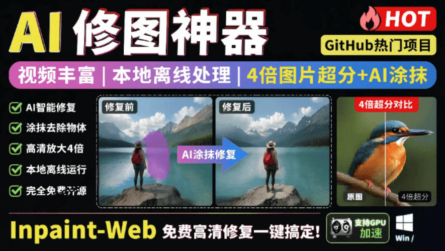 本地离线处理，4倍图片超分+AI涂抹去水印！Github上热门神器，免费高清修复图一键搞定！Inpaint-Web-网创资源站