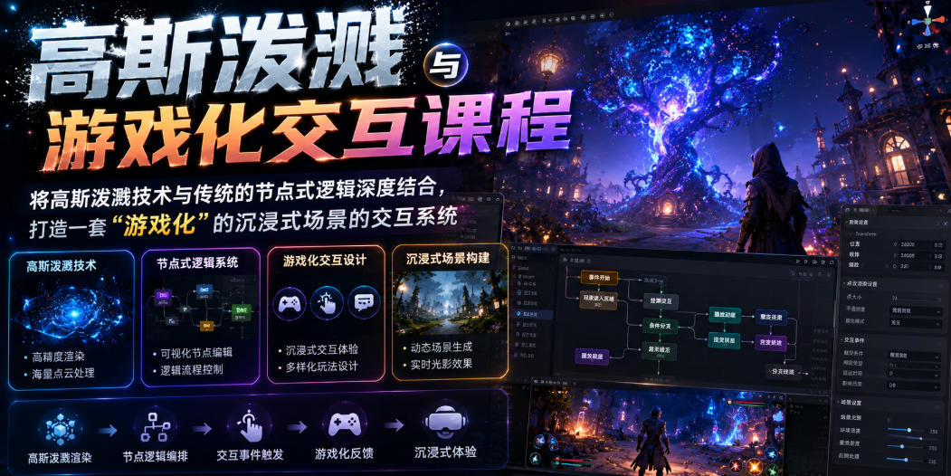 高斯泼溅与游戏化交互课程，将高斯泼溅技术与传统的节点式逻辑深度结合，打造一套“游戏化”的沉浸式场景的交互系统-网创资源站