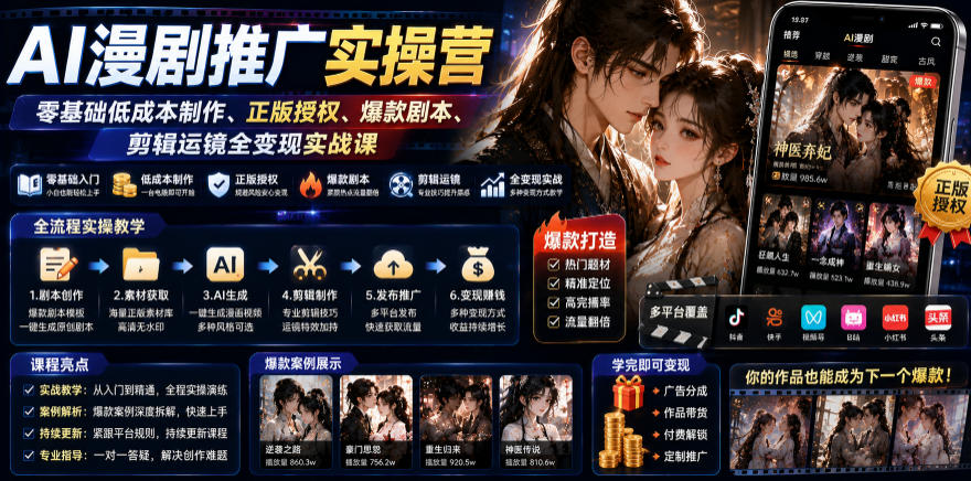 AI漫剧推广实操营｜零基础低成本制作、正版授权、爆款剧本、剪辑运镜全变现实战课-网创资源站