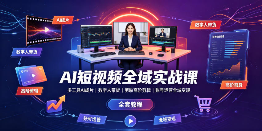AI短视频全域实战课｜多工具AI成片、数字人带货、剪映高阶剪辑、账号运营全域变现全套教程-网创资源站