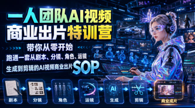 一人团队AI视频商业出片实战课：带你从零开始跑通一套从剧本、分镜、角色、运镜、生成到剪辑的AI视频商业出片SOP-网创资源站
