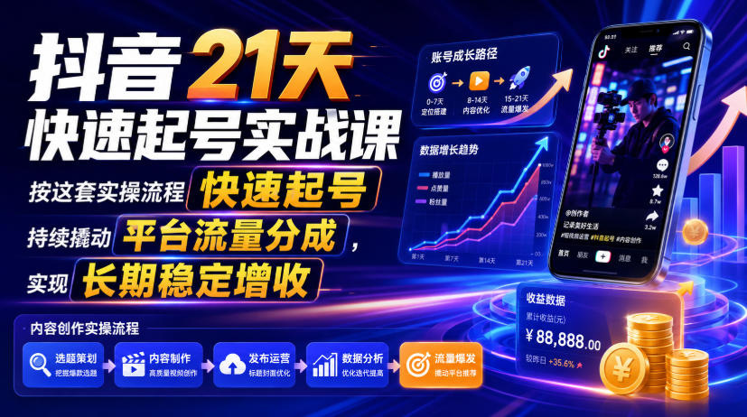 抖音21天快速起号实战课，按这套实操流程快速起号，持续撬动平台流量分成，实现长期稳定增收-网创资源站