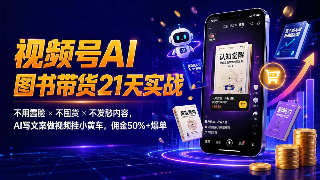 繁花视频号AI图书带货21天实战：不用露脸×不囤货×不发愁内容，AI写文案做视频挂小黄车，佣金50%+爆单-网创资源站