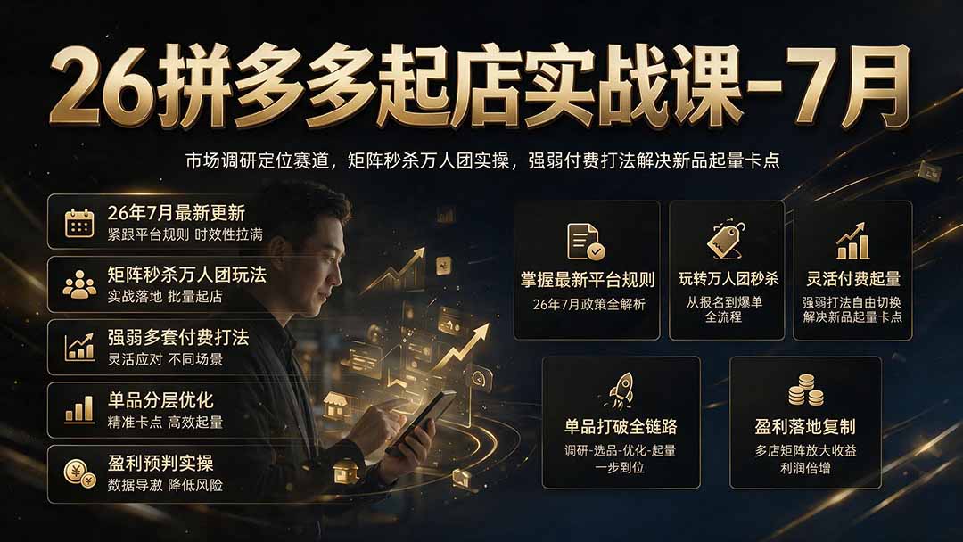 26拼多多起店实战课-7月｜市场调研定位赛道，矩阵秒杀万人团实操，强弱付费打法解决新品起量卡点-网创资源站