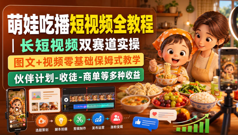 萌娃吃播短视频全教程｜长短视频双赛道实操，图文+视频零基础保姆式教学，伙伴计划-收徒-商单等多种变现方式-网创资源站
