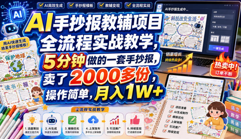 AI手抄报教辅项目全流程实战教学，5分钟做的一套手抄报，卖了2000多份，操作简单，月入1W+-网创资源站