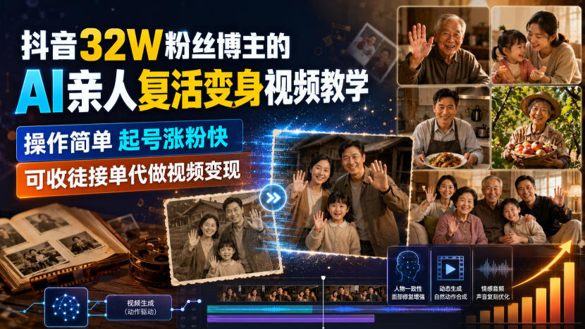 抖音32W粉丝博主的AI亲人复活变身视频教学，操作简单，起号涨粉快，可收徒接单代做视频变现-网创资源站