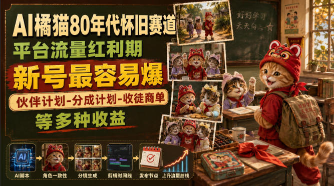 AI橘猫80年代怀旧赛道，平台流量红利期，新号最容易爆，伙伴计划-分成计划-收徒商单等多种收益-网创资源站