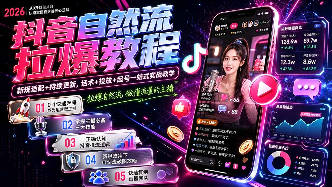 抖音自然流拉爆教程-更新8月：做懂流量的主播，新规适配+持续更新，话术+投放+起号一站式实战教学-网创资源站
