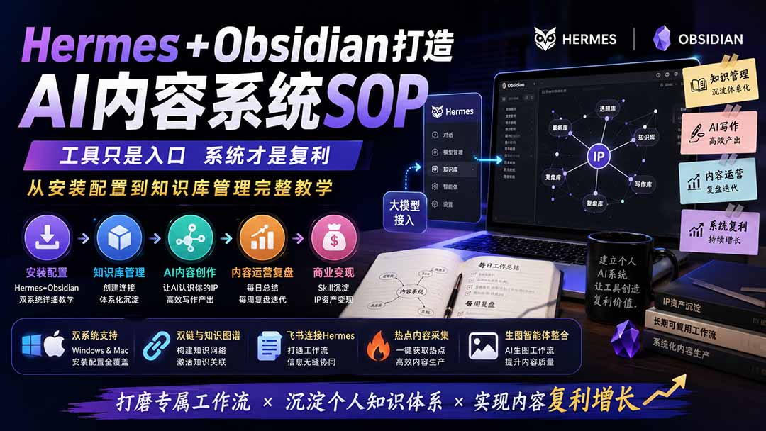 Hermes+Obsidian打造AI内容系统SOP；工具只是入口系统才是复利，从安装配置到知识库管理完整教学-网创资源站
