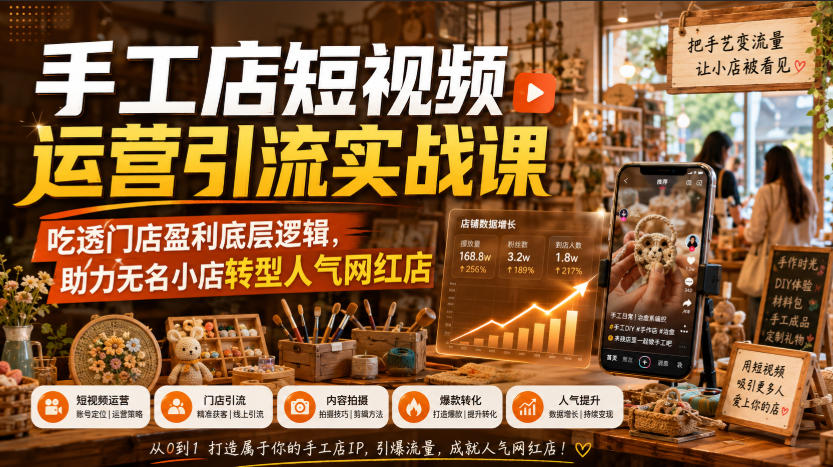 手工店短视频运营引流实战课，吃透门店盈利底层逻辑，助力无名小店转型人气网红店-网创资源站
