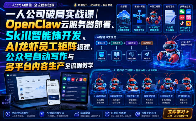一人公司破局实战课｜OpenClaw云服务器部署、Skill智能体开发、AI龙虾员工矩阵搭建，公众号自动写作与多平台内容生产全流程教学-网创资源站