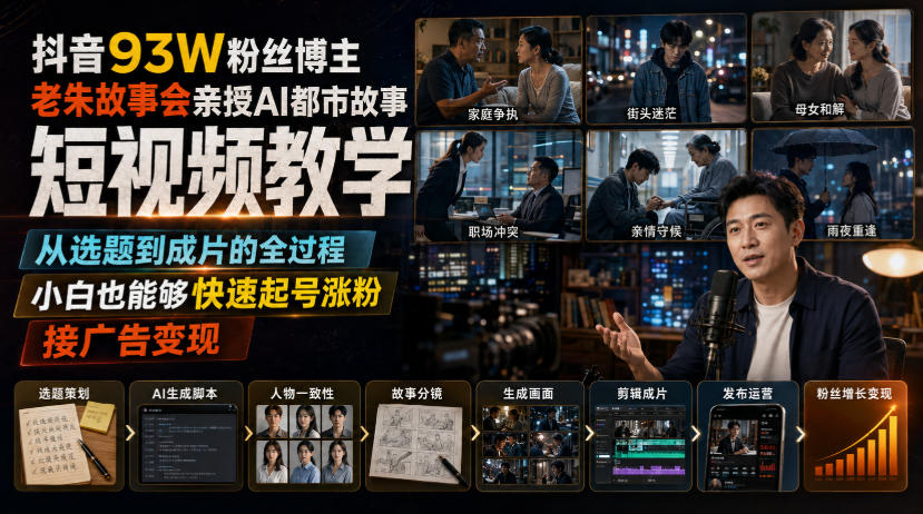 抖音93W粉丝博主老朱故事会亲授AI都市故事短视频教学，从选题到成片的全过程，小白也能够快速起号涨粉接广告变现-网创资源站