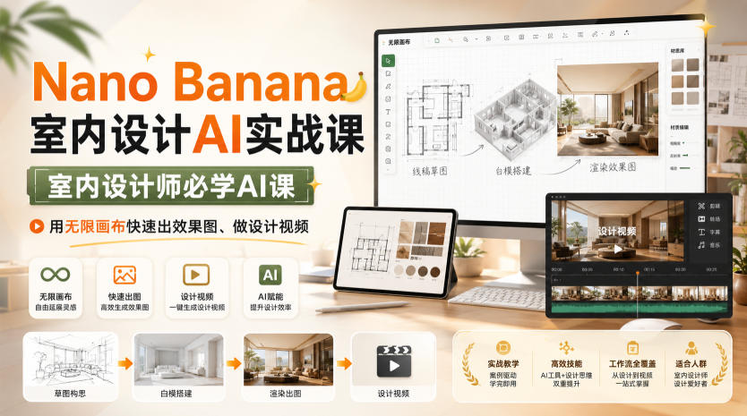 Nano Banana室内设计AI实战课，室内设计师必学AI课，用无限画布快速出效果图、做设计视频-网创资源站